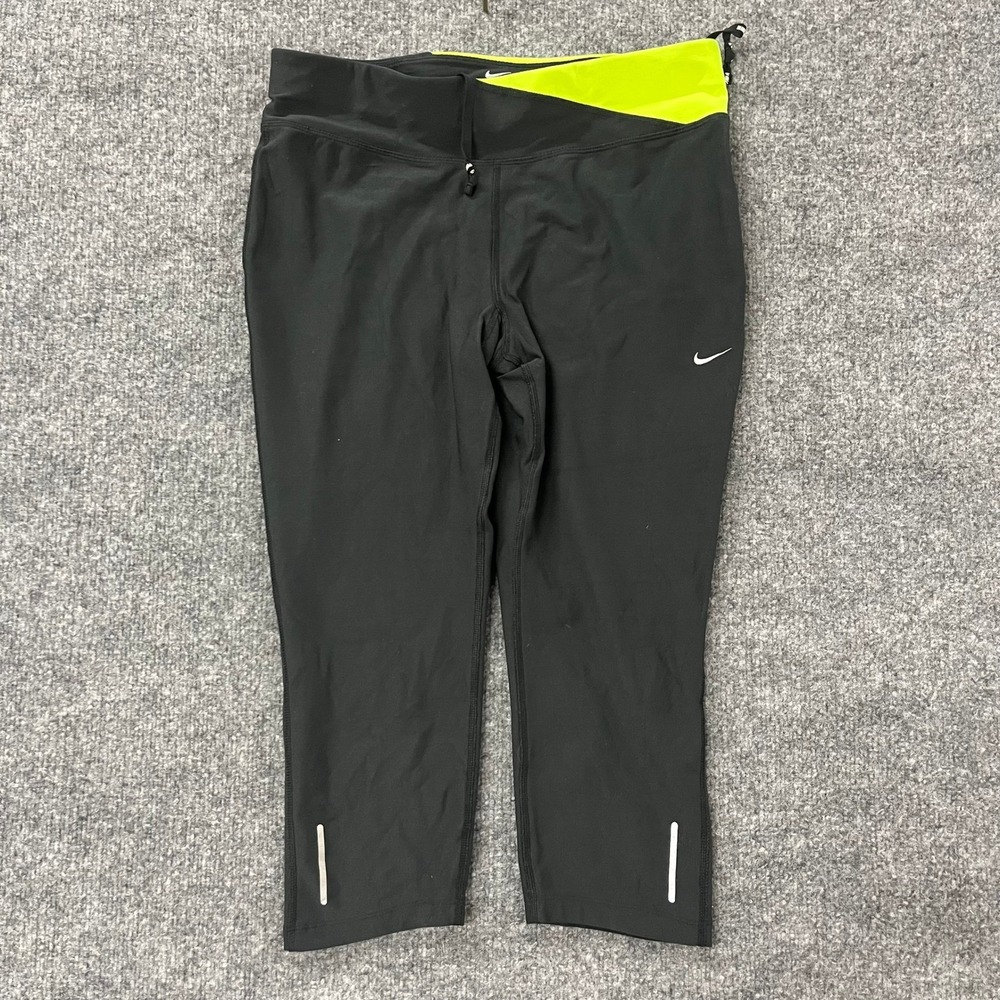 Nike Leggings Womens Size L Black Neon Yellow Dri-Fit Cropped Running Athletic